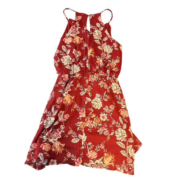 Rust Red Floral Ruffle Dress – Flowy Sleeveless Boho Sundress Size M - Picture 2 of 5